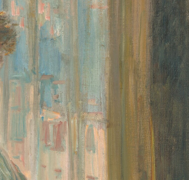 She looks lost in thought, a private moment.