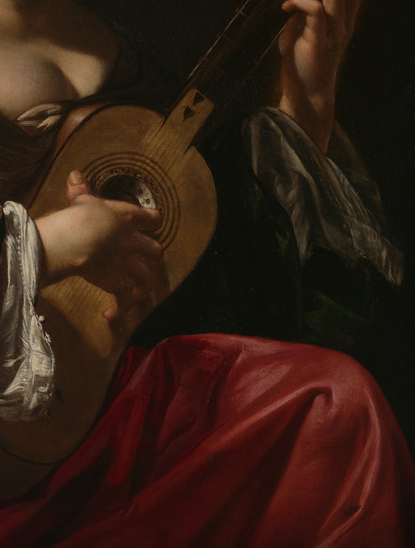 The instrument's deep convex back and taut strings are rendered with illusionistic precision , a period-accurate early Baroque guitar worth examining as a historical object.