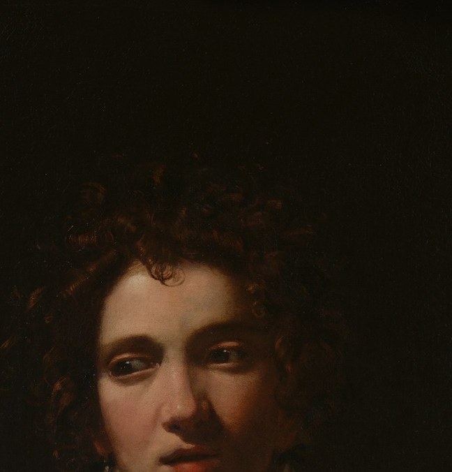 Her expression is absorbed and slightly distracted , eyes lifted away from the viewer , giving the figure an inner life that anchors the whole composition.