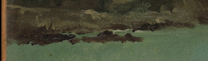 Look closely at the calm water and rocky shoreline.