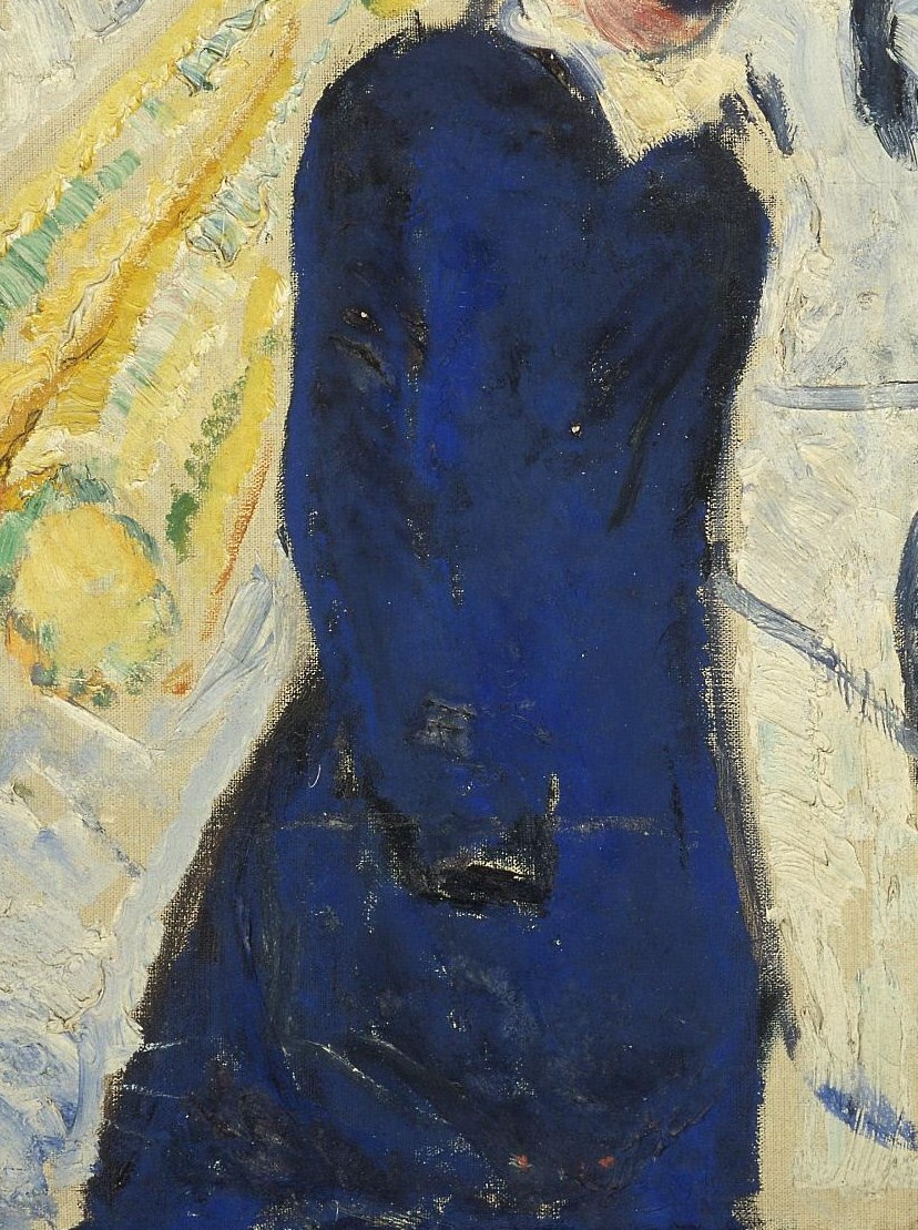 The rich, dark blue of the coat contrasts sharply with the surrounding snow, grounding the figure and adding a somber tone.