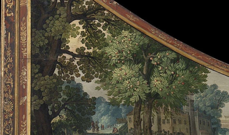 The detailed rendering of leaves and branches shows the artist's skill and adds to the natural setting.