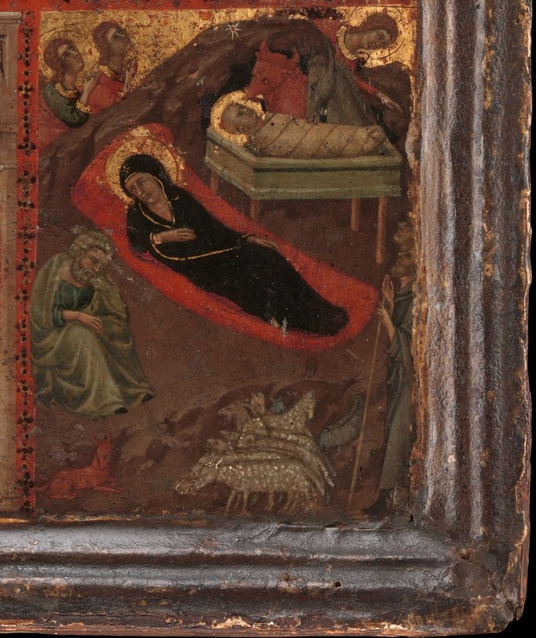Below, the Annunciation and the Nativity play out in miniature.