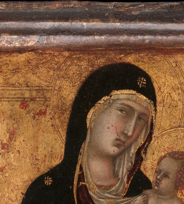Solemn, elongated Byzantine-style face with gold-haloed crown; her downward gaze toward Christ anchors the devotional mood of the entire panel.