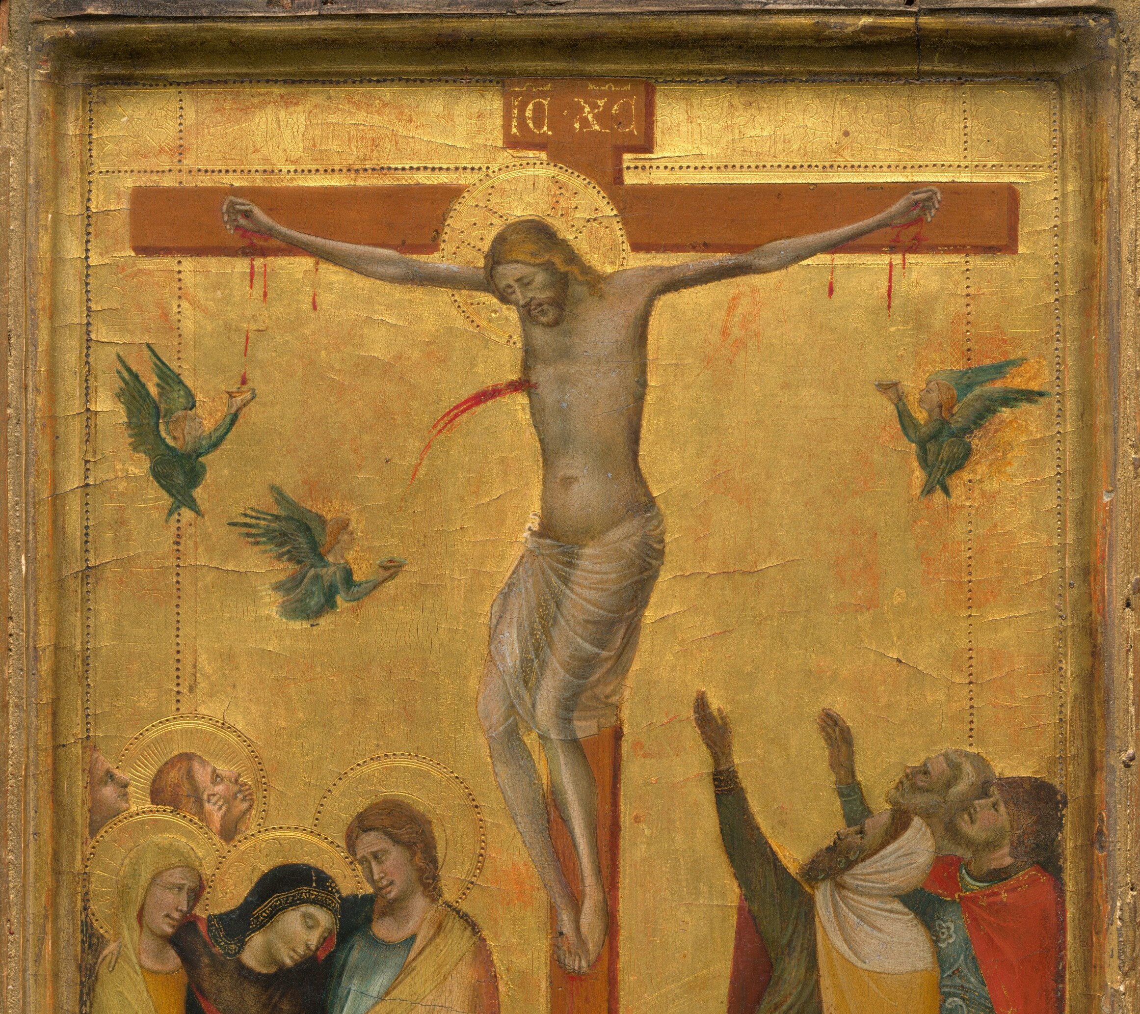 The warm gold ground , a Byzantine inheritance , signals heaven rather than landscape; the dark storm-like smudges within it evoke the supernatural darkness said to have fallen at the Crucifixion.