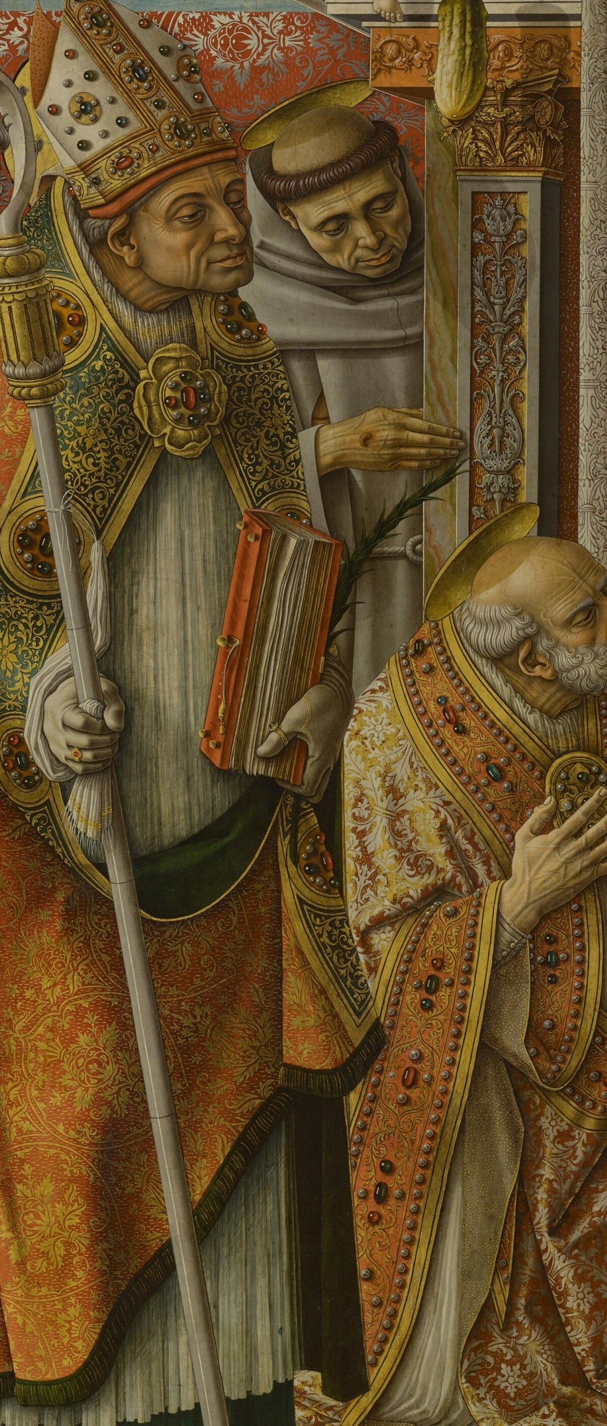 His ornate vestments and the bishop's staff signify his high ecclesiastical rank and pastoral role.