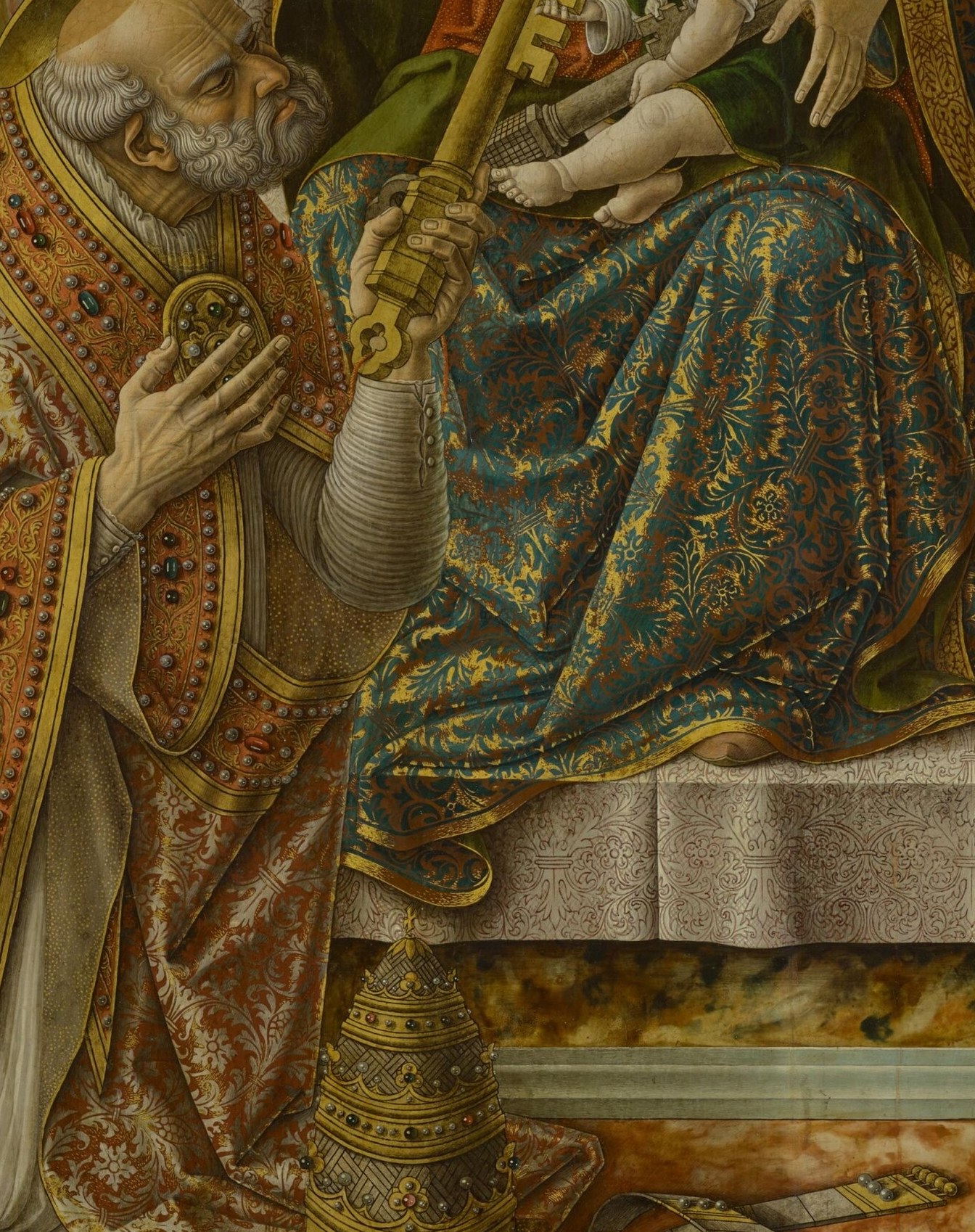 His humble posture and the symbolic key suggest devotion and the granting of spiritual authority.