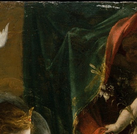 The dove is the third actor in the Trinity's arrival , small but pivotal, floating at the apex to signal divine origin of the light below