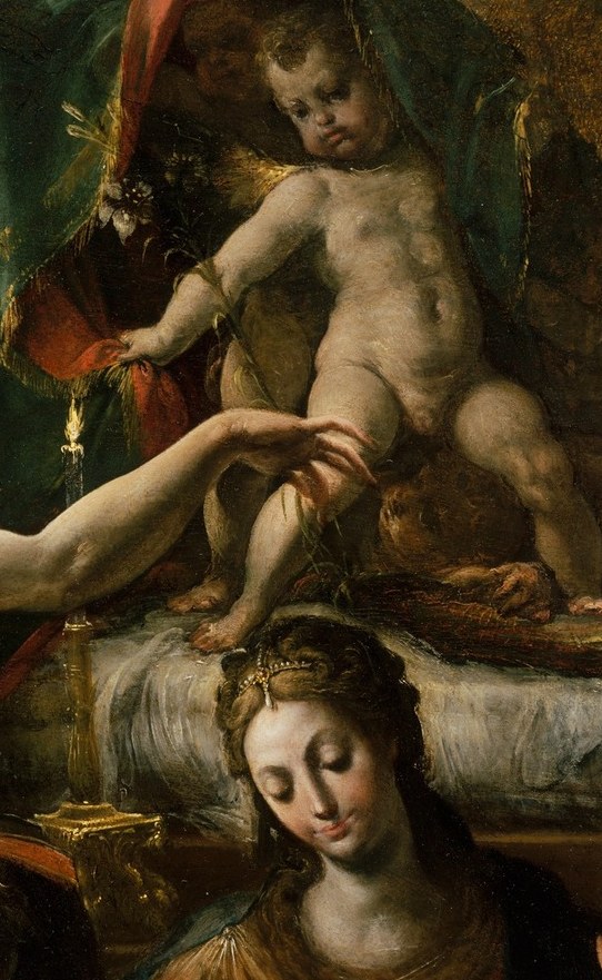 This figure is the painting's light source , the single candle drives all the chiaroscuro drama; a close-up reveals how one flame structures an entire theology