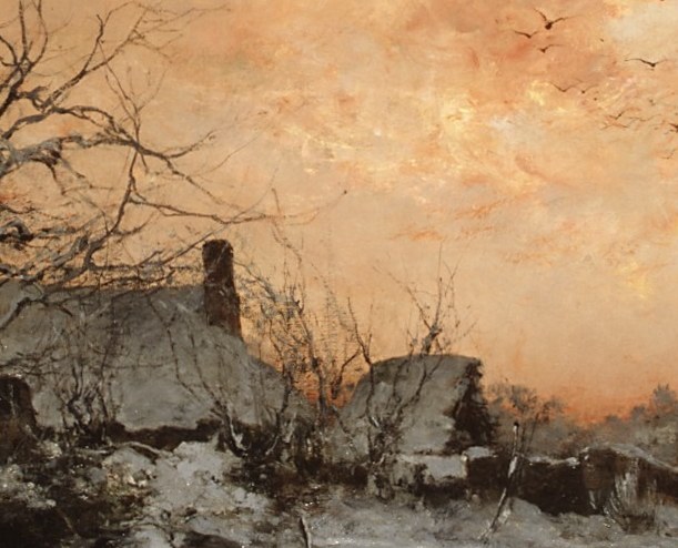 He paints a farm buried in snow. Nobody is out in this cold.