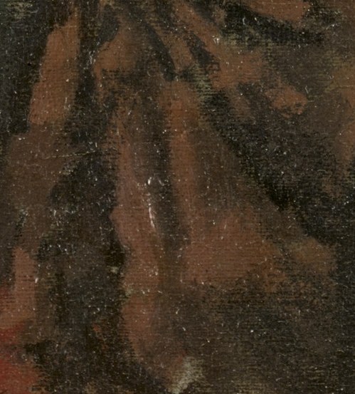The earthy tone of the skirt grounds the figure and adds a subtle warmth to the composition.
