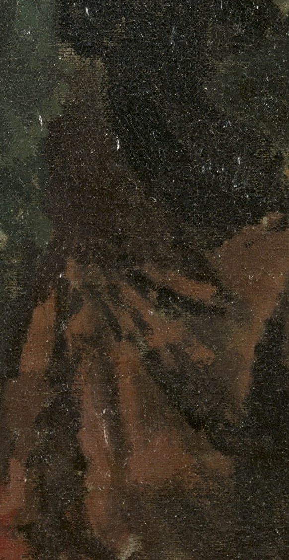 He captures the heavy fabric of her dress, almost sculptural.