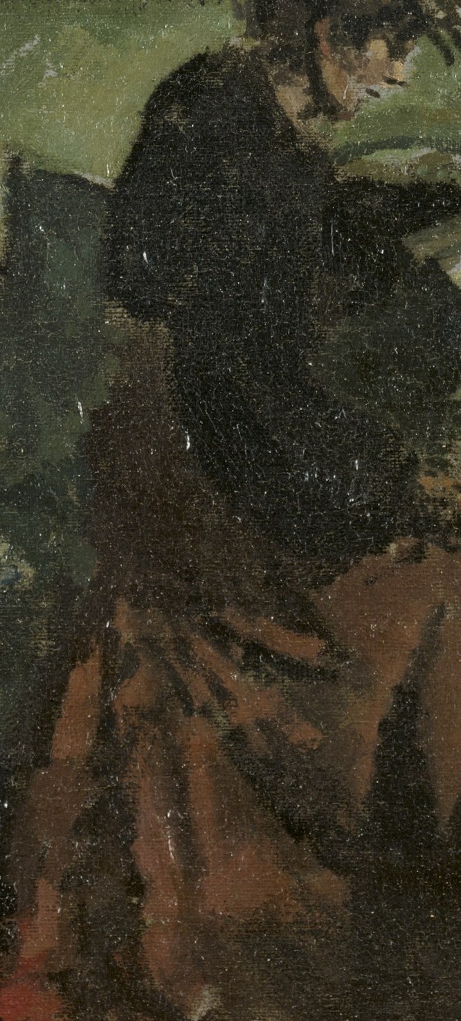 The light sculpts her face and folded arms in paint.