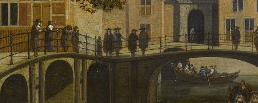 People cross the stone bridge, going about their day.