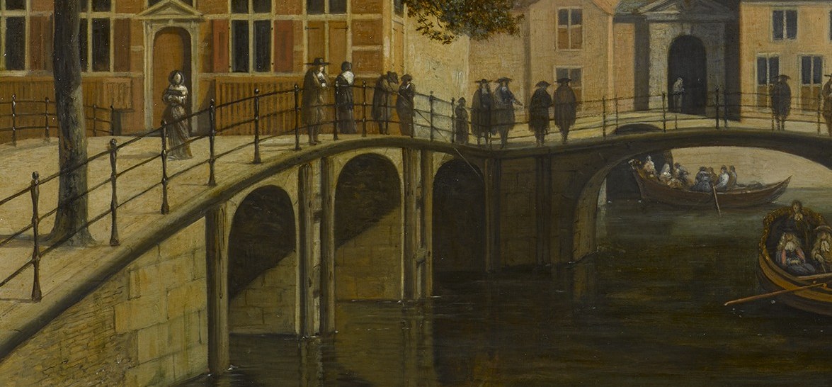 This architectural element connects the two sides of the canal and serves as a stage for the figures, hinting at the flow of daily life.