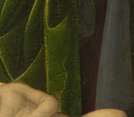 A close camera hold here reveals the naturalistic modelling of a sleeping baby , eyelids, rounded cheek, slightly open mouth , a strand of secular portraiture inside a sacred subject.