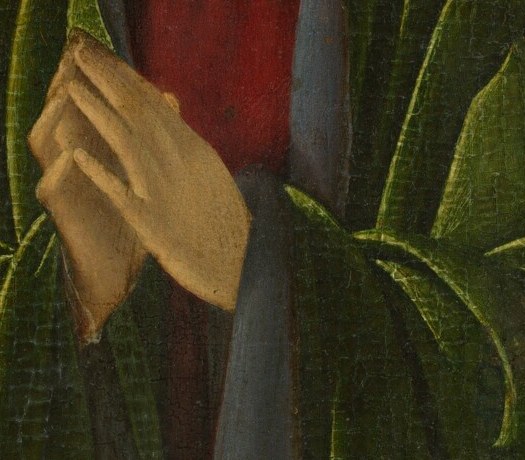 Hands hover above but never touch the sleeping child , a prayer of witnessing, not cradling; the gesture names the title and anchors the devotional contract with the viewer.