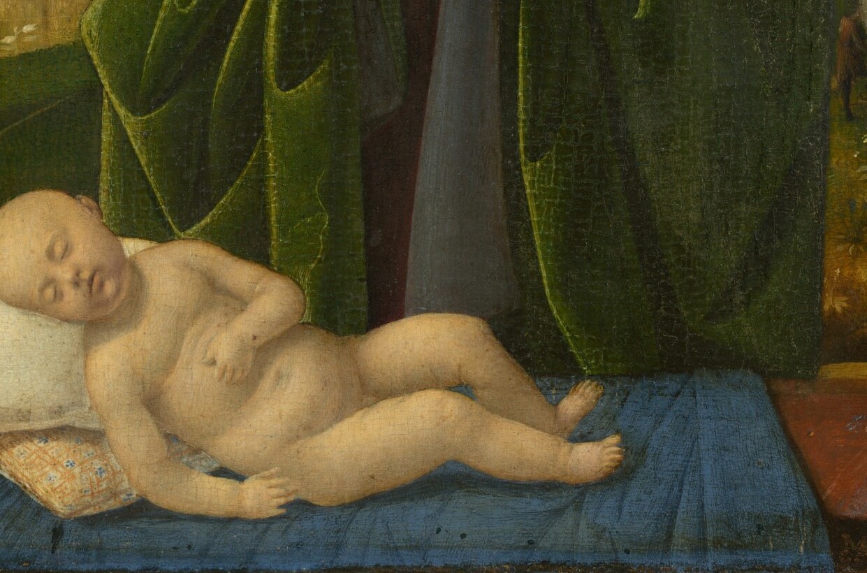 The horizontal nude infant echoes the pose of a laid-out corpse; on this tiny panel made for private prayer, the sleep of birth and the sleep of death are quietly collapsed.