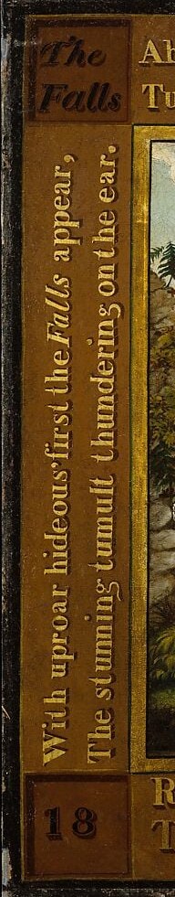 Left margin text runs vertically; part of the decorative-didactic frame that was unusual in American landscape painting of the 1820s.