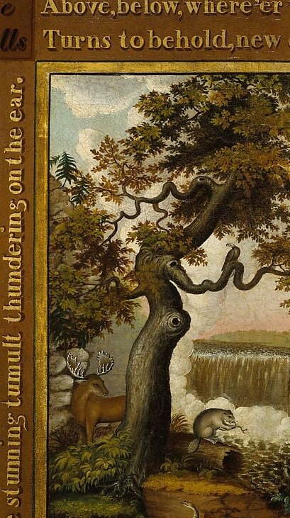 Dominant foreground tree with twisted bark creates a Claudian repoussoir; its aged, storm-bent form implies the timeless, indifferent scale of nature versus human life.
