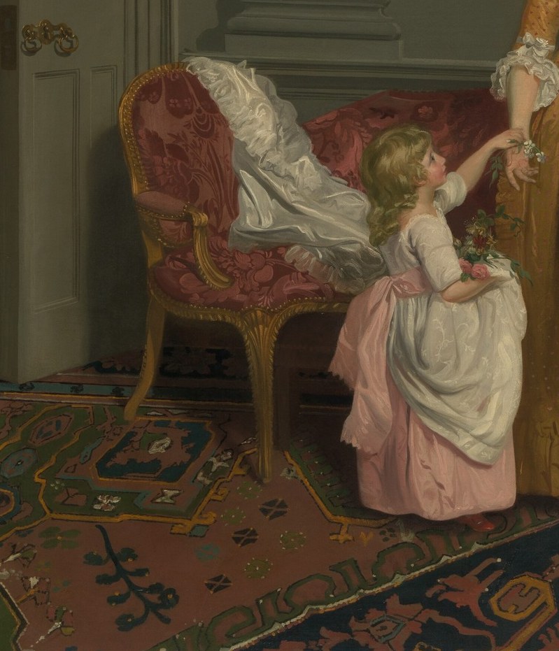 The emotional hinge of the painting , the child's reaching gesture creates a diagonal pull of affection that animates an otherwise static group.