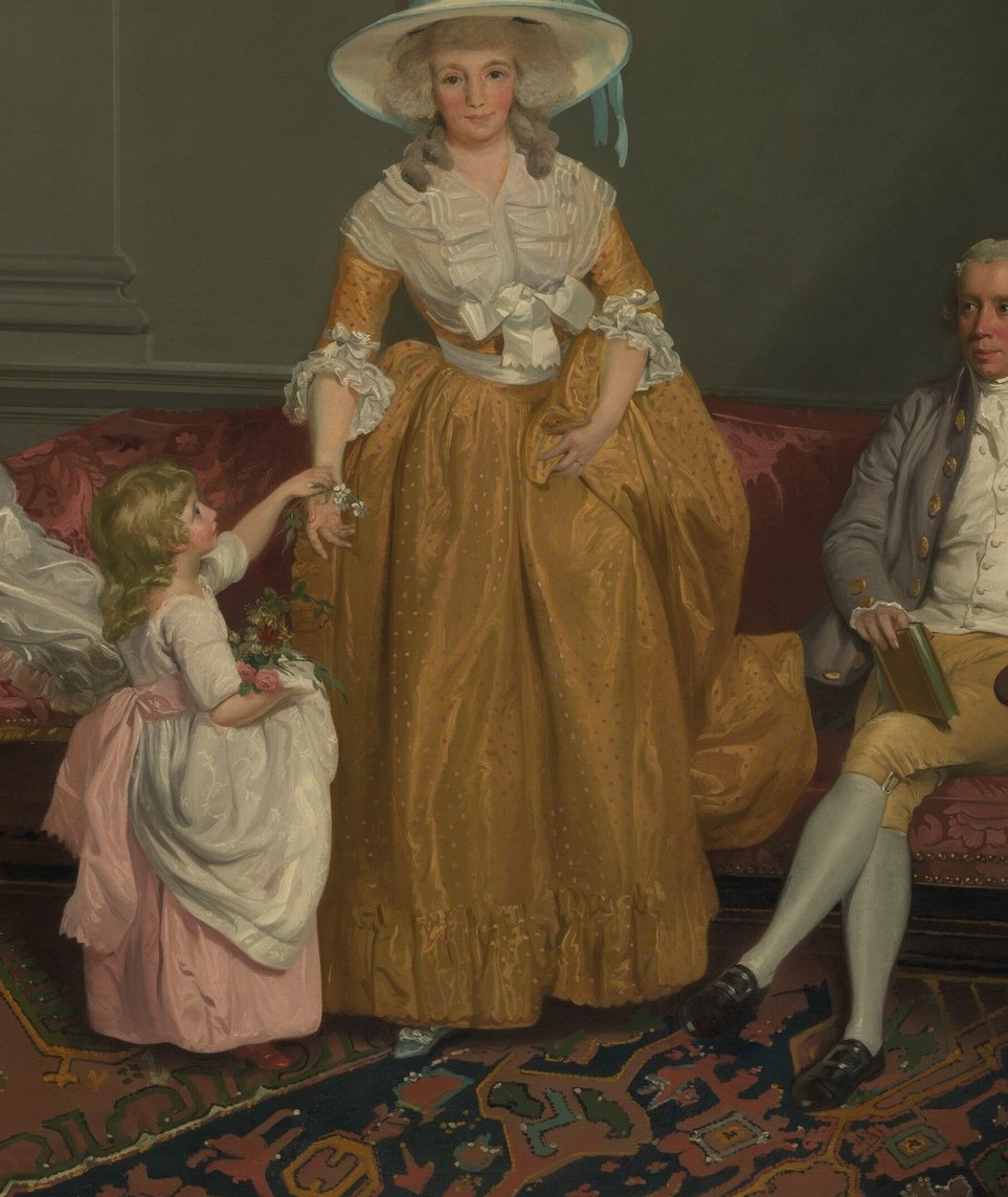 The expanse of golden silk dominates the palette; Wheatley's handling of the fabric's sheen is the most technically demanding passage in the painting.
