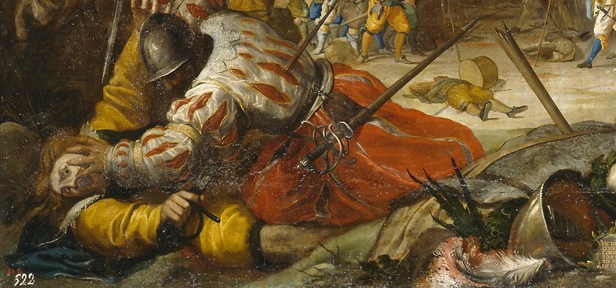 His fallen posture and discarded weapon highlight the chaos and the fate of many in the conflict.
