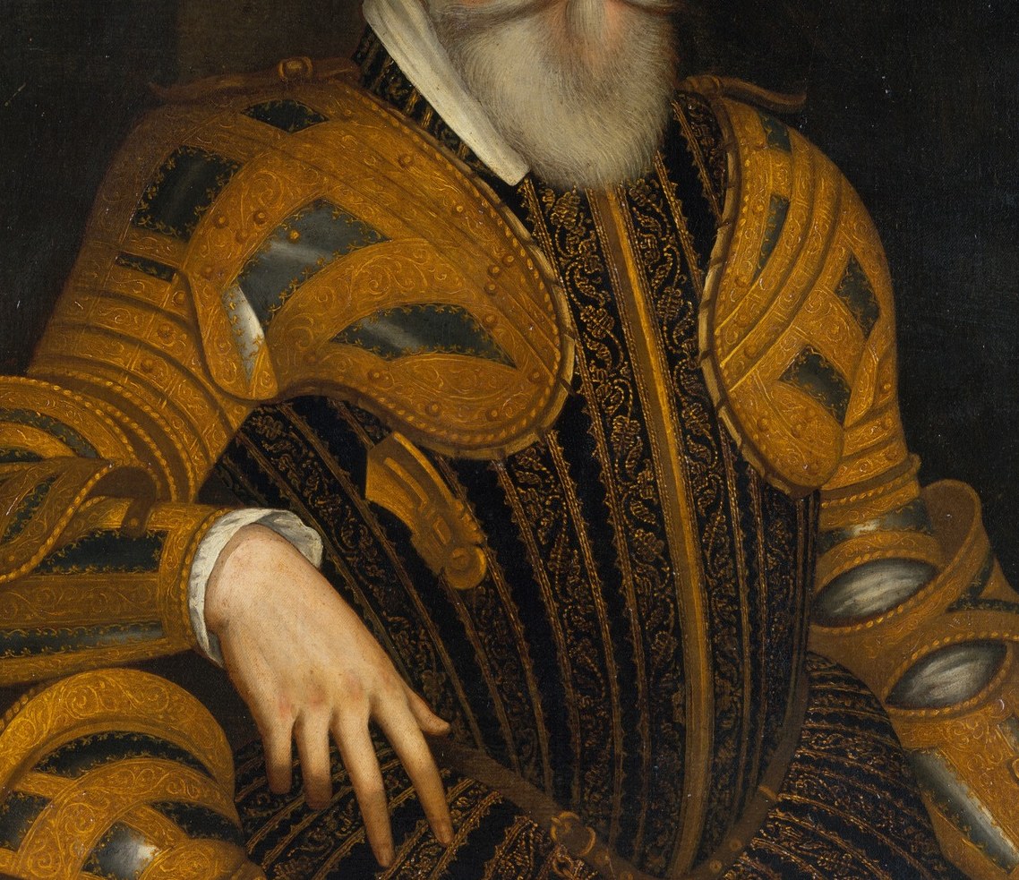 The elaborate puffed and slashed sleeves in gold and black signal enormous wealth; each slash reveals contrasting fabric beneath , a Renaissance status display