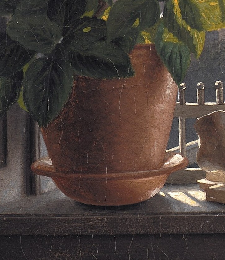 The rough texture and earthy tone of the pot ground the delicate flowers, hinting at the artist's connection to nature and craft.