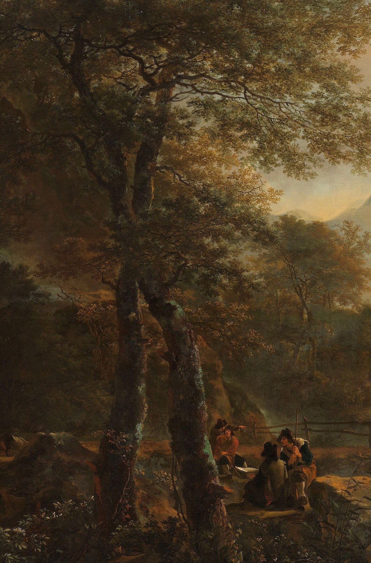 Its imposing presence and detailed bark texture draw the eye and establish the depth of the scene.
