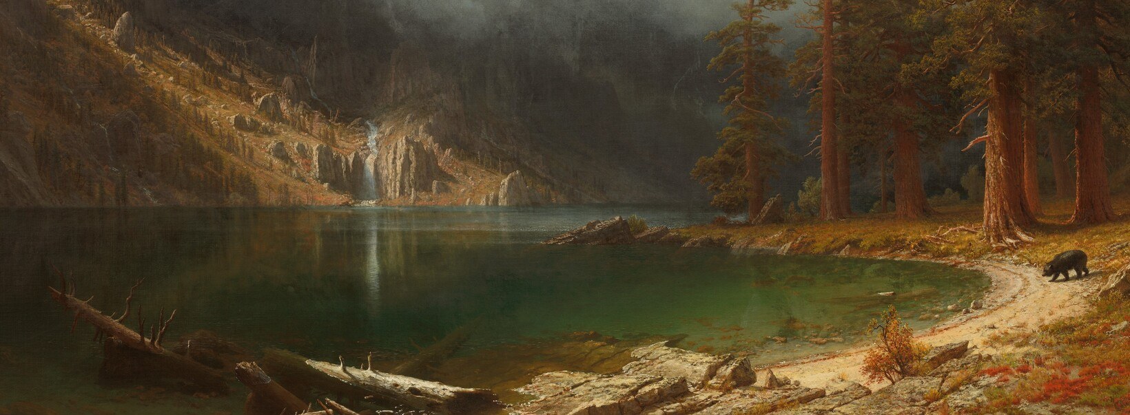 Bierstadt's signature still-water mirror doubles the sky and peaks; the near-perfect reflection demonstrates his Düsseldorf-trained invisible brushwork and gives the scene an otherworldly calm.
