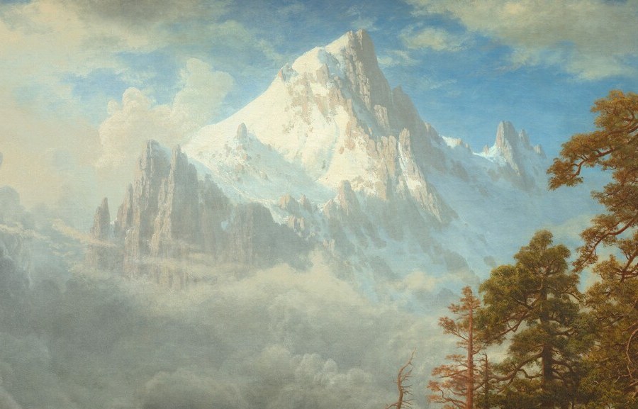 The compositional anchor , its brilliant white summit against stormy grey clouds creates the painting's central drama and draws the eye through layers of atmospheric recession.