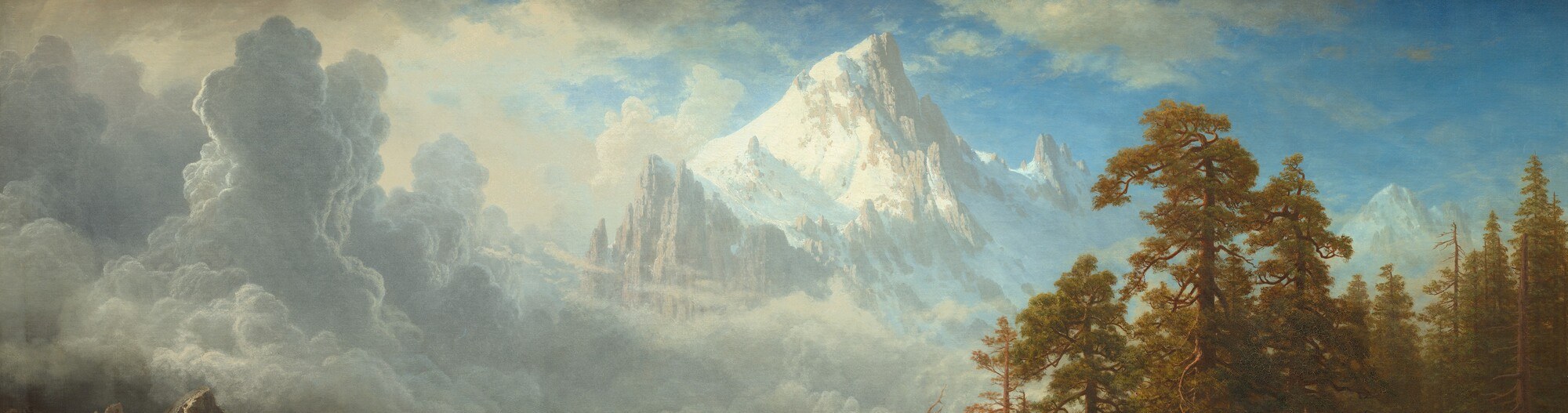 Dark, billowing clouds on both sides frame the glowing summit, creating theatrical chiaroscuro , the weather feels impending but the peak stays untouched, a sublime contrast.