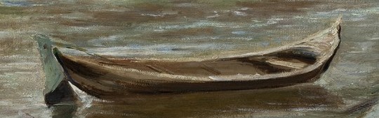 The boat's simple form and placement create a focal point, hinting at transportation or a moment of rest.