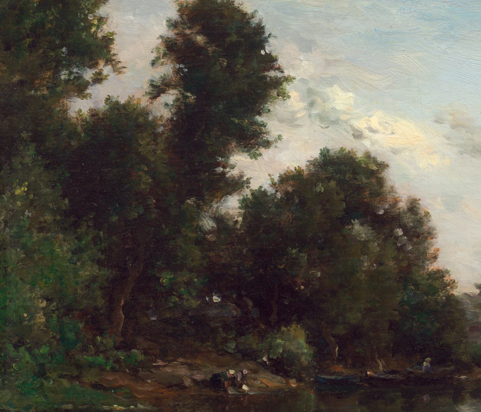 Dominates the left side, its dense foliage creating a strong contrast and framing the scene.