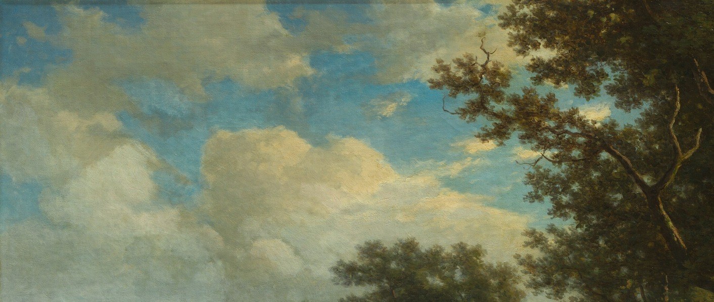 The cloud light source defines the entire tonal key of the painting; the pale break in the clouds draws the eye deep into the left distance and sets a mood of tranquil impermanence.