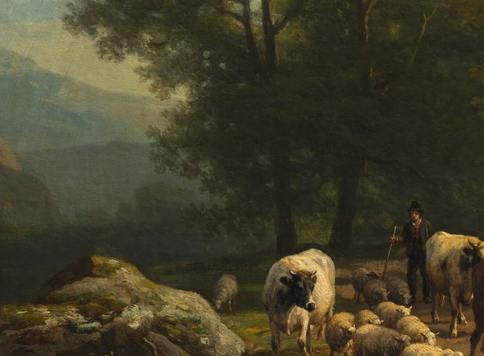 The compositional anchor of the painting , Verboeckhoven's signature animal, placed dead-center to show off his mastery of bovine anatomy and dappled coat marking.