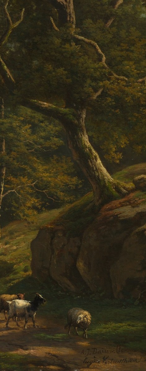 The vertical axis of the whole composition; its rough bark texture and sheer scale signal Daiwaille's landscape hand , a counterweight to the horizontal spread of animals.