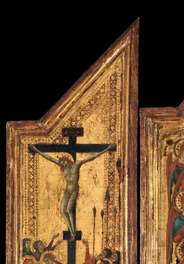 Christ on the cross flanked by mourning figures; directly compresses the entire Passion narrative into the devotional object alongside the Madonna , intended theological juxtaposition