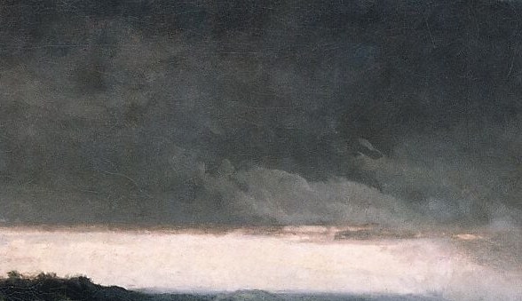 The last window of calm before the storm closes in; the tonal contrast with the left sky is what makes the painting dramatic