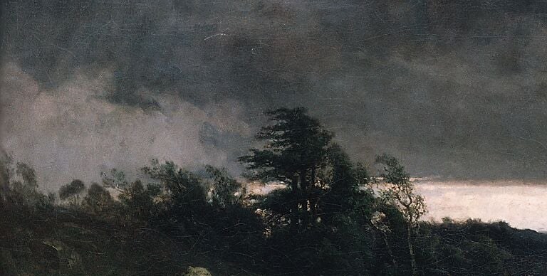 The engine of the painting , churning charcoal and indigo clouds convey imminent violence and dwarf every human element below
