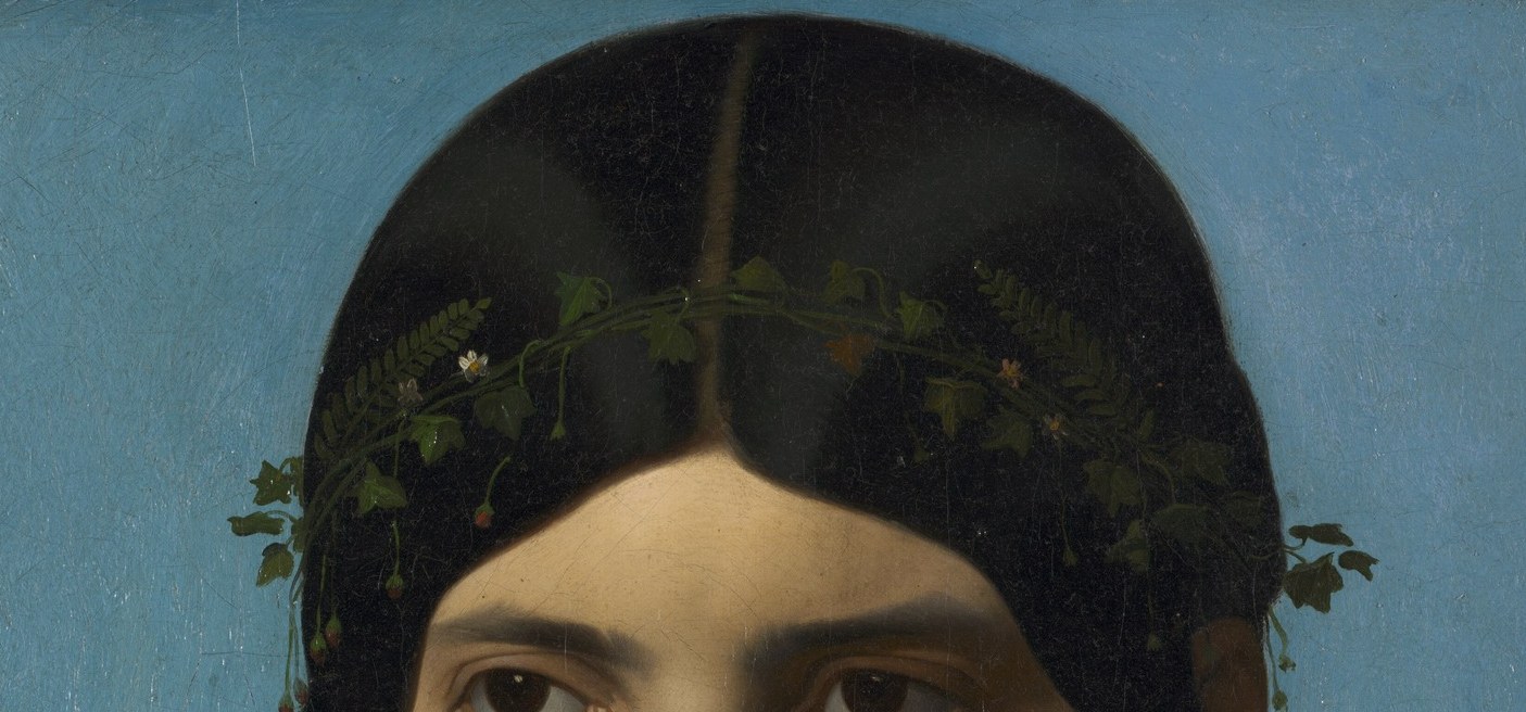 The hair's mirrored symmetry frames the face architecturally and shows Gérôme suppressing texture to focus all interest on skin