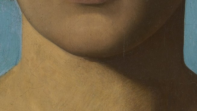 Resists a smile; the subtle downward set communicates quiet resolve or melancholy , the emotional hinge of the portrait