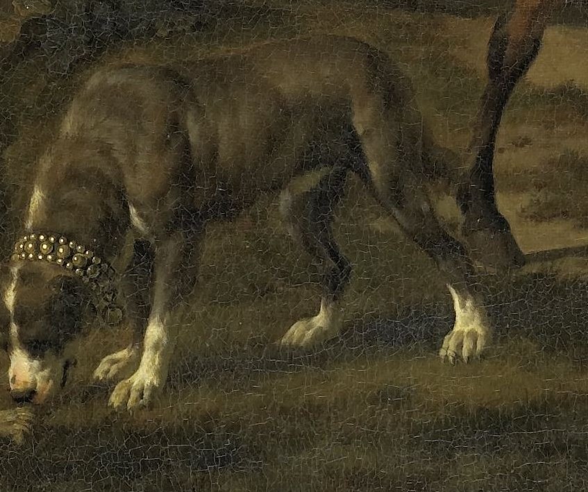 Even the hunting dog wears an ornate collar.