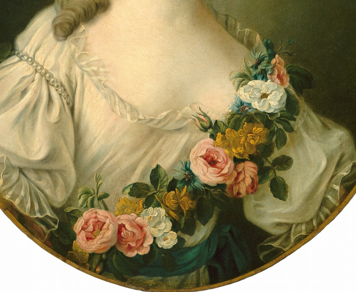 Roses were the emblem of Venus and courtly love; here they also visually replace any jewelry, encoding beauty and desire as her only ornament.
