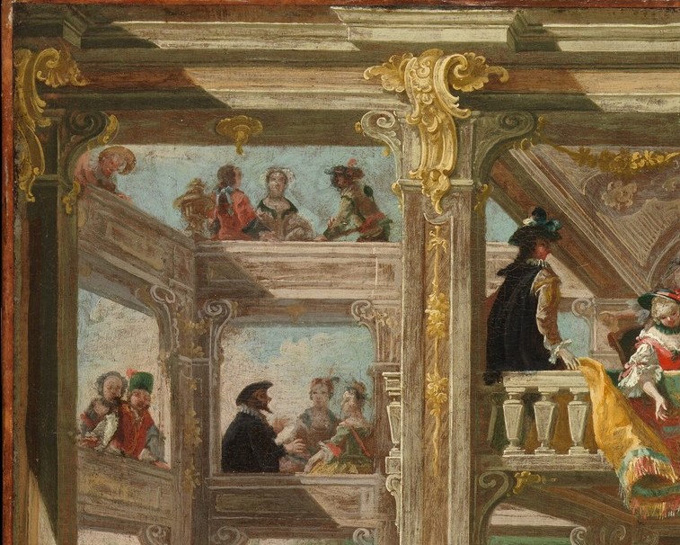 Boxes full of aristocrats watch costumed dancers below.