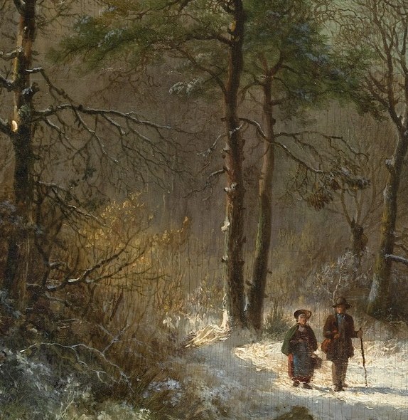 The closest human presence in the scene; their dark silhouettes against white snow anchor the foreground and give human scale to the landscape.