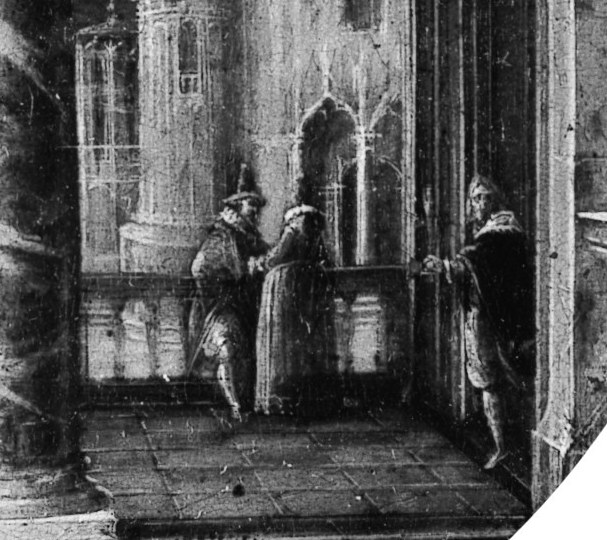 Elegant figures gather in the portico.