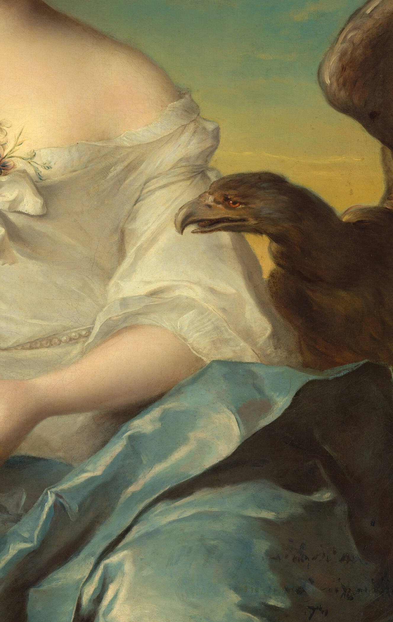The eagle is the indispensable Hebe attribute: she served nectar to the gods on Olympus, and Jupiter's bird is the proof of that divine context; its dark mass anchors the composition.