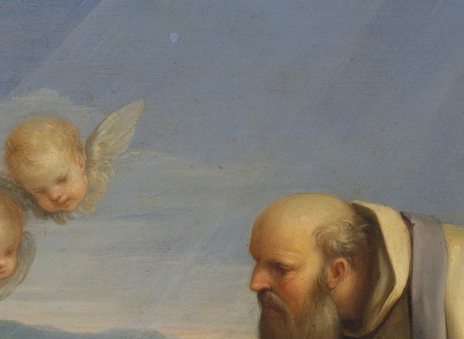 The aged, weathered face registers solemn duty; his identity as Zosimas anchors the specific hagiographic narrative rather than a generic priest scene.